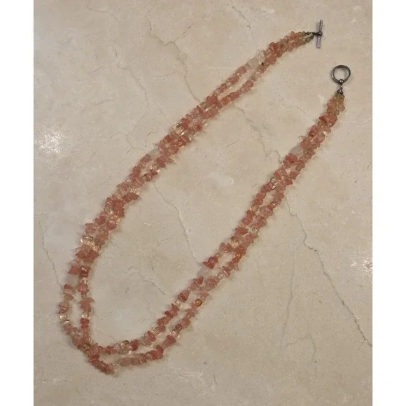 Vintage Rose Quartz Dual Strand 27" Sterling Silver Toggle Clasp Necklace - Picture 3 of 4